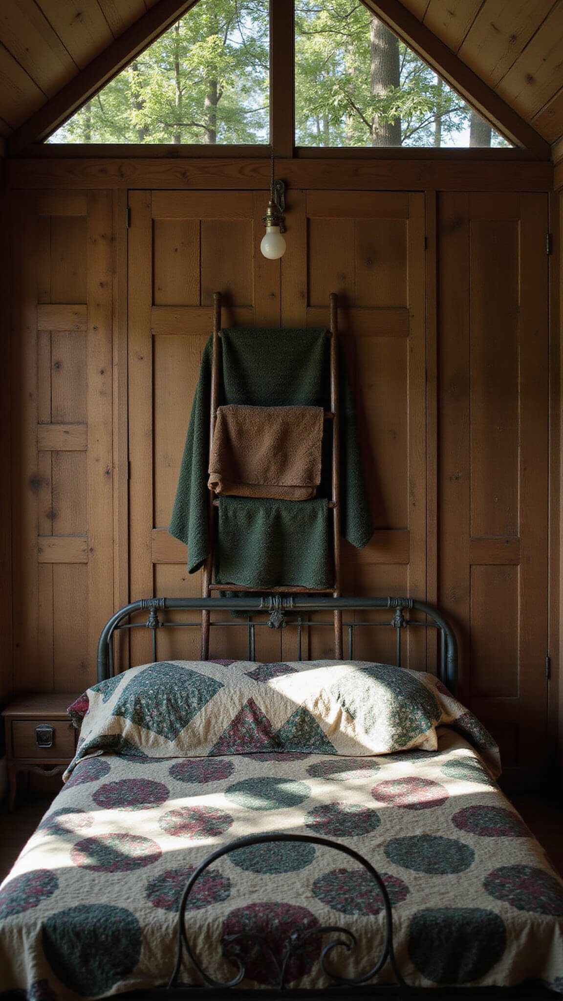 Cozy woodland bedroom with wrought iron bed, vintage quilts, and dappled sunlight filtering through pine branches.