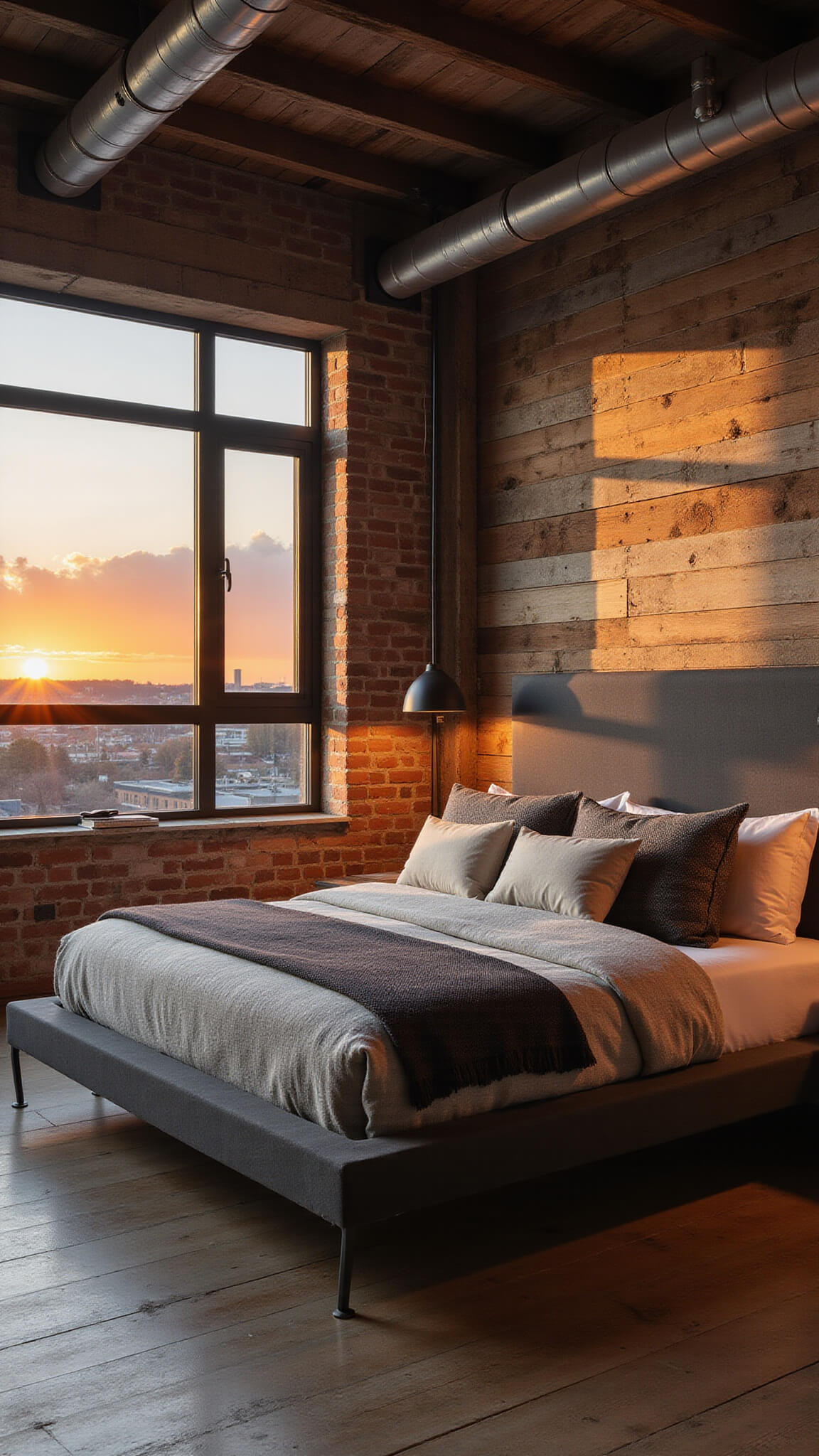 Modern-rustic 16x16ft loft bedroom at sunset with orange light illuminating mixed metal fixtures, exposed steel beams, reclaimed timber walls, and a charcoal linen platform bed with layered gray and cream bedding.