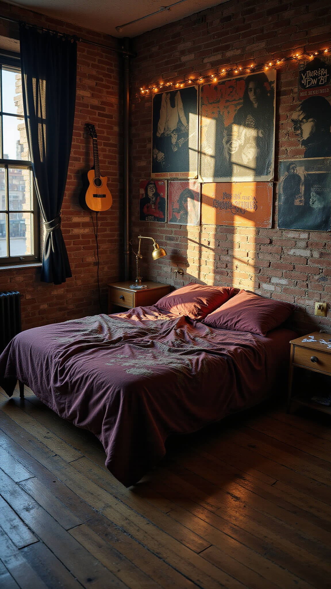 Moody golden hour bedroom with unmade burgundy-sheeted bed, torn black curtains casting shadows on distressed hardwood floors, vintage band posters on brick walls, guitars mounted, and tangled fairy lights overhead.