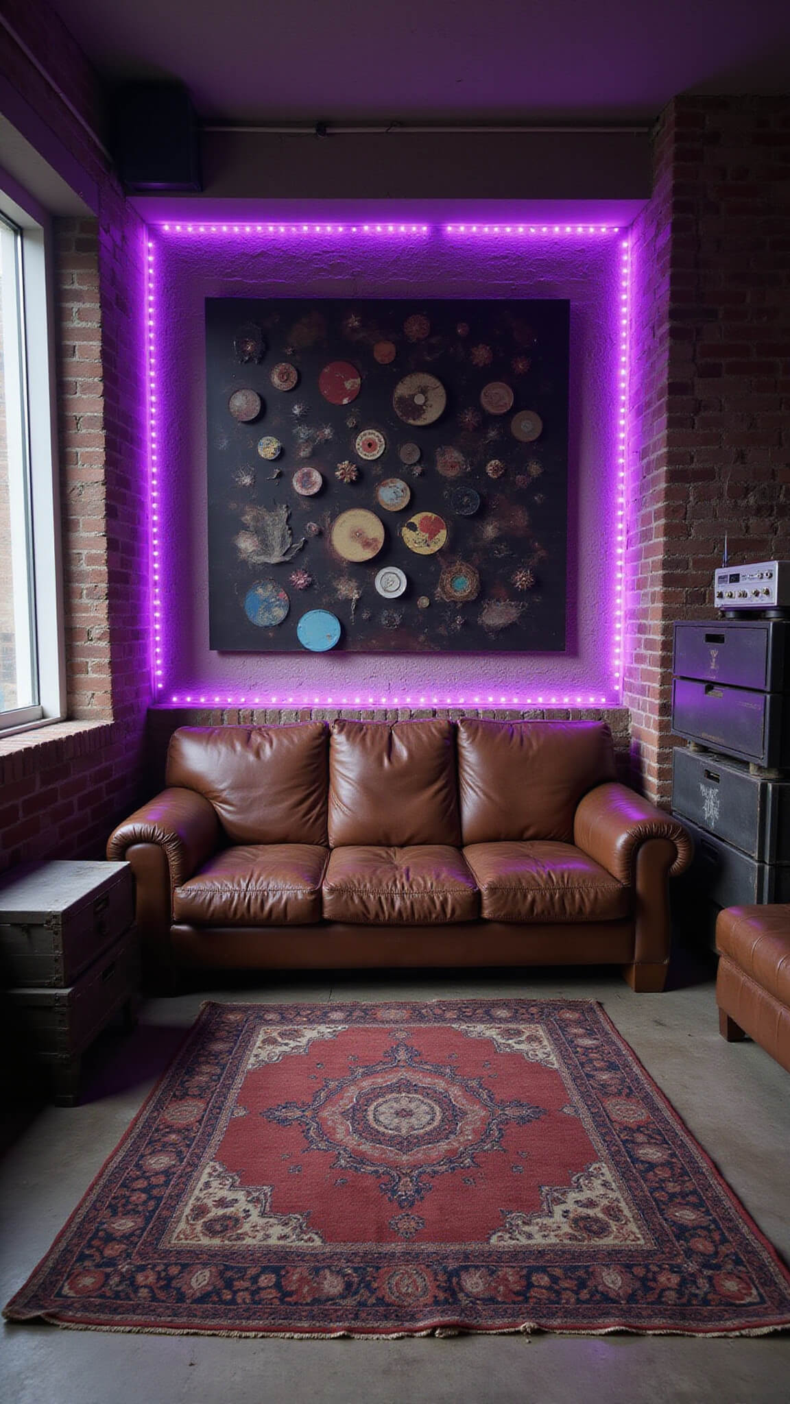 Wide-angle view of grunge living space at dusk with purple LED glow, weathered leather couch, chaotic vinyl wall display, vintage audio gear on milk crates, worn Persian rug, and industrial textures throughout.