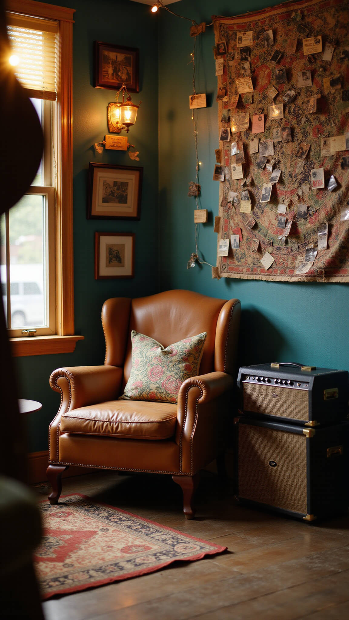Cozy music nook with leather armchair beneath wall of Polaroids and concert tickets, warm string lights in foreground bokeh, vintage amp side table, and psychedelic tapestry on dark teal wall.