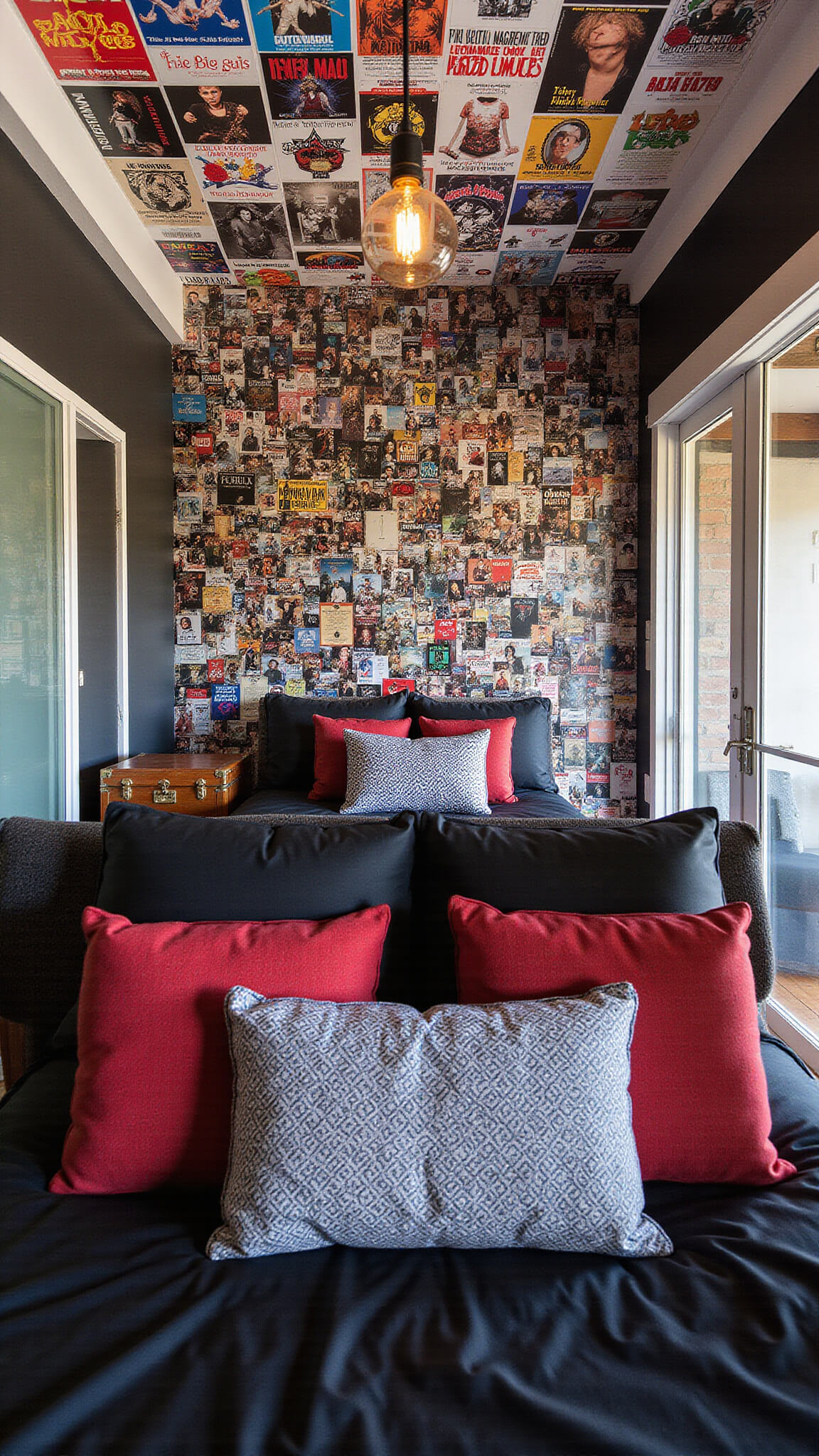 Dynamic angled view of edgy bedroom featuring floor-to-ceiling collage of band posters, black platform bed with anarchist pillows, vintage trunk nightstand, and exposed filament lighting with electric blue and crimson accents.