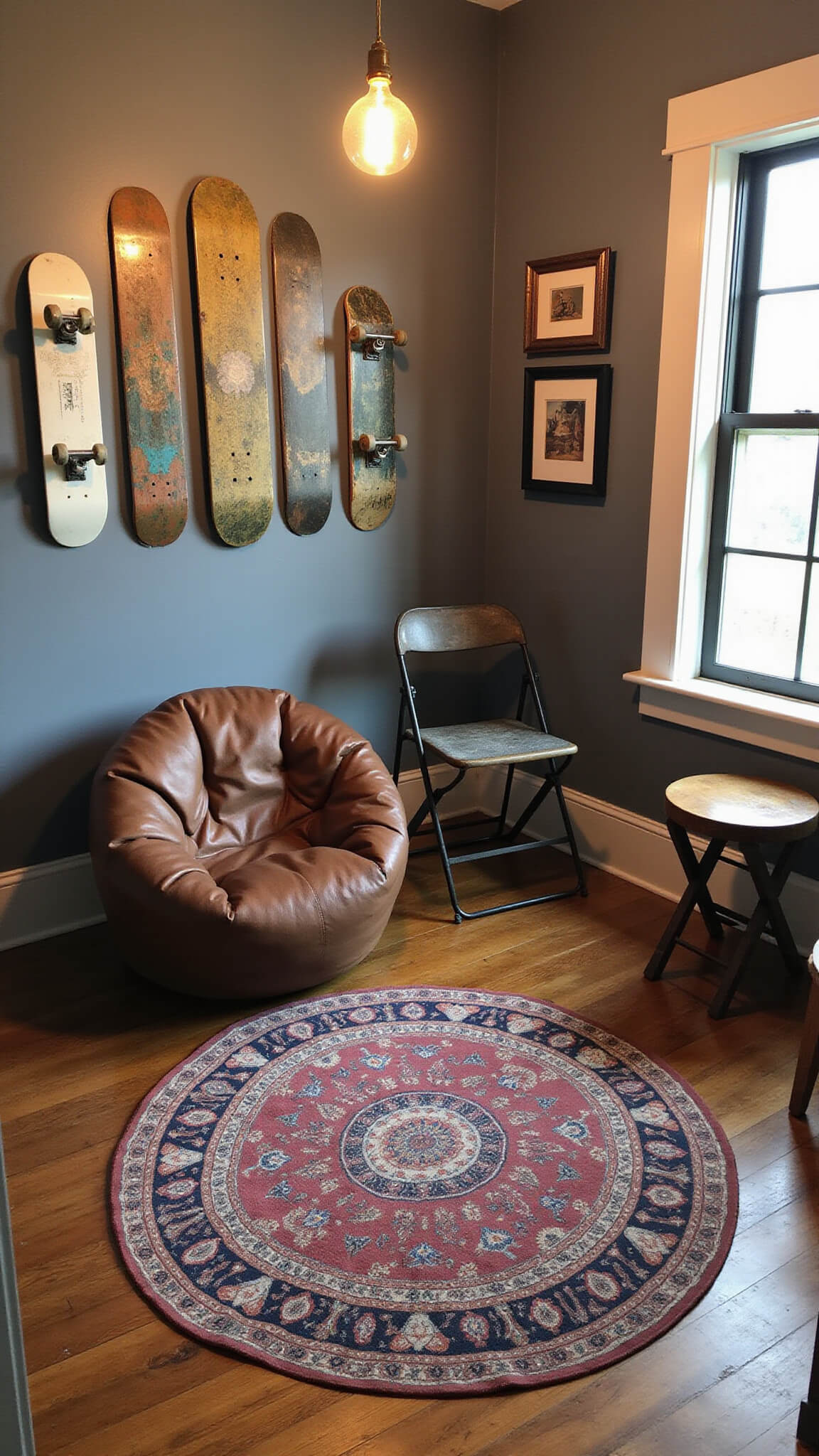 Overhead view of a 14x16ft artistic space with a circular vintage rug, eclectic seating including a leather beanbag, metal folding chair, and antique stool, skateboard deck wall display, thrifted framed art, and warm Edison bulb chandelier lighting in deep, moody tones.