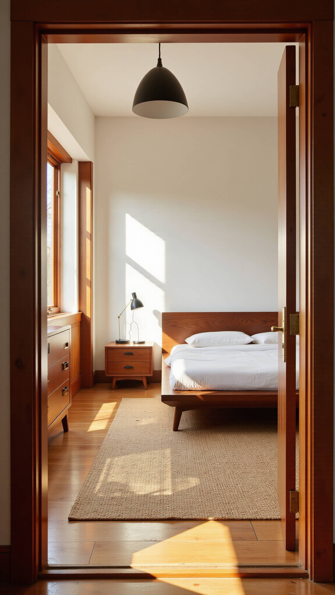 Sunlit modern bedroom with walnut platform bed, Danish dresser, jute rug, and floor-to-ceiling windows.