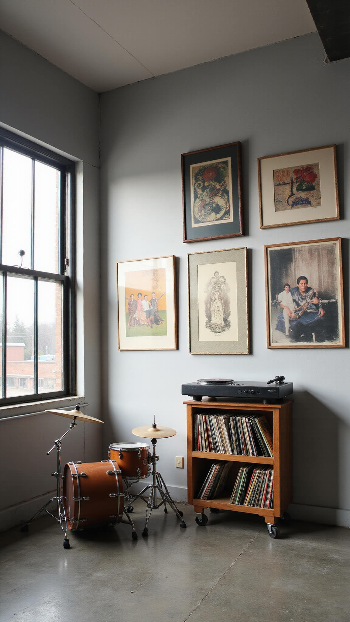 Open-concept factory room with morning light, vintage drum kit in corner, gallery wall of concert and abstract art, floating record player station with vinyl storage, in tones of grey, brown, and electric green.