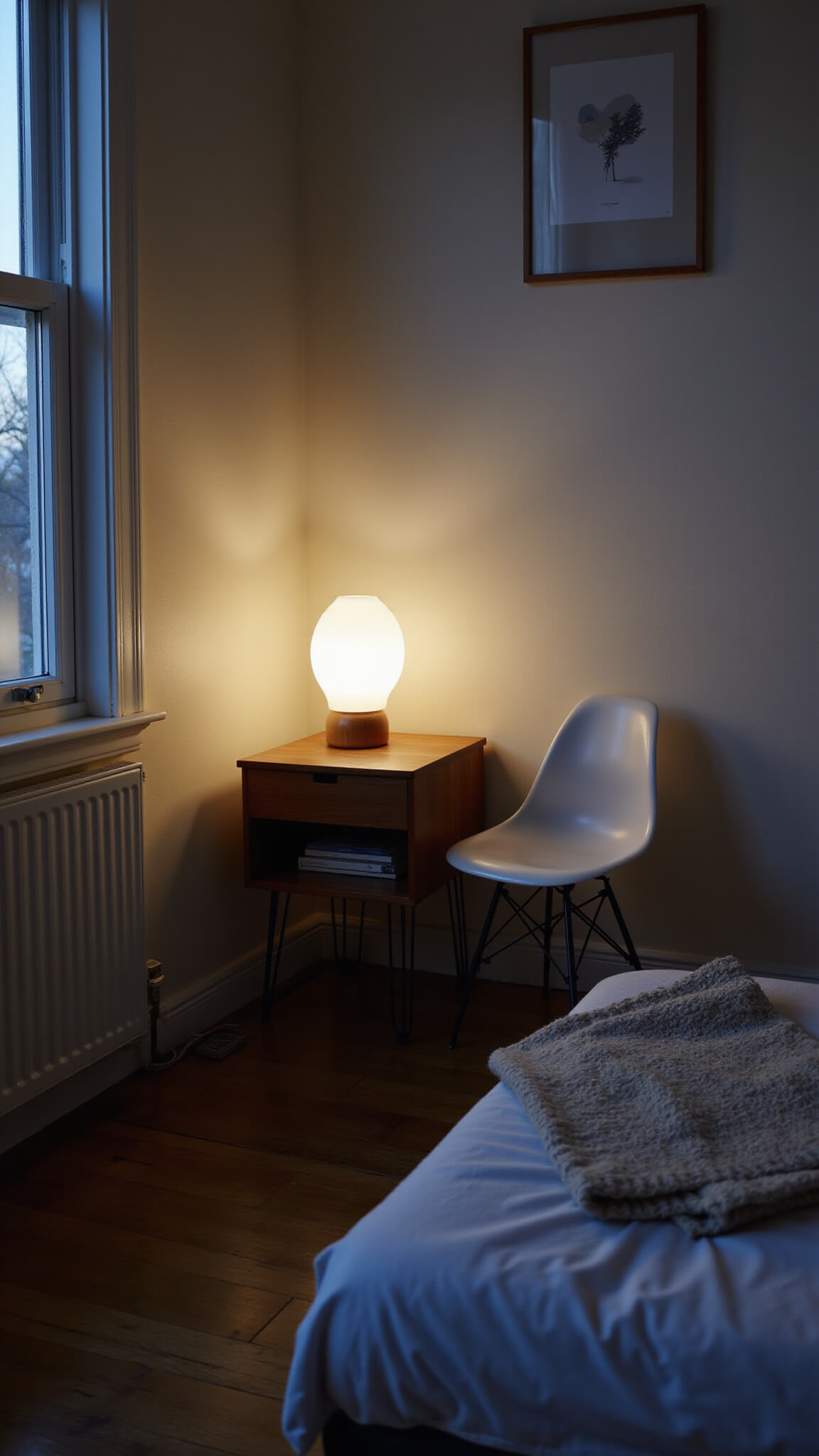 Mid-century modern bedroom corner with teak nightstand, Eames lounge chair, and ceramic lamp softly lit during blue hour.