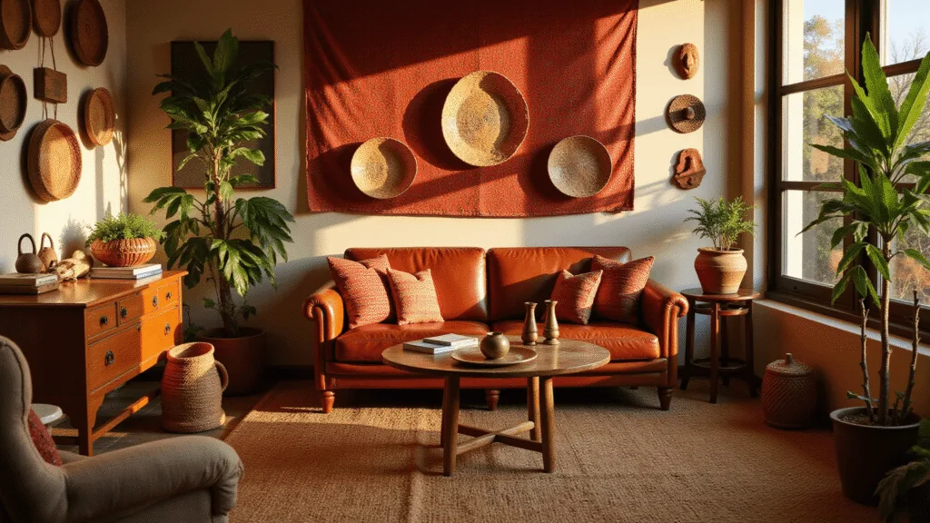 "Sunlit afro-bohemian styled living room with red and orange mudcloth textiles, African woven baskets, wooden artifacts, a vintage leather sofa, rattan details, and plants, with a golden light casting shadows over sisal flooring."