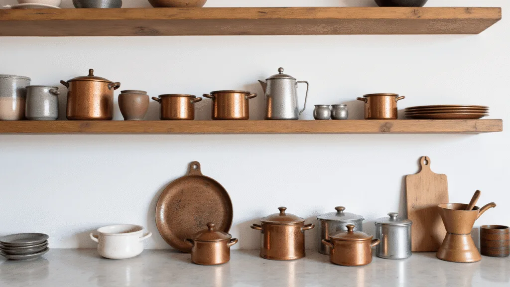 "Antique farmhouse style kitchen interior featuring copper pots, wooden shelves, a marble countertop, rustic enamelware, with warm natural lighting and muted earth tones."