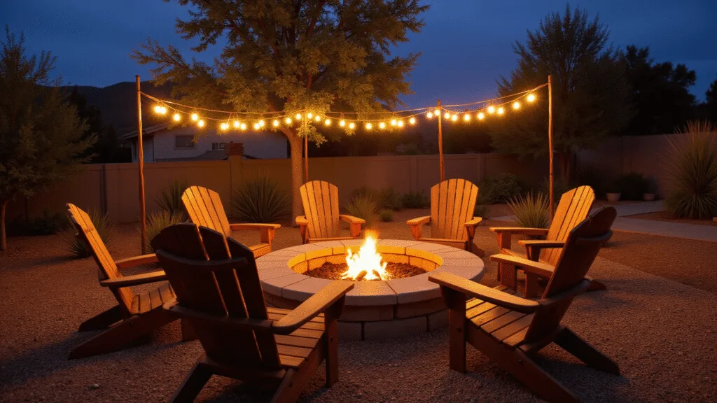 "Sunken stone fire pit surrounded by Adirondack chairs with twinkling string lights at dusk"