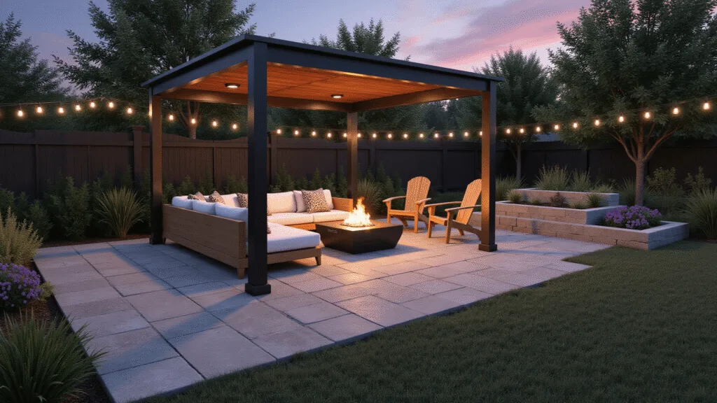"Twilight view of a luxurious backyard oasis with modern furniture under a black pergola, fire pit surrounded by Adirondack chairs, raised flower-filled garden beds, and warm string lights illuminating the area"