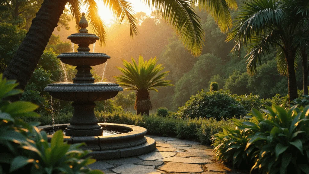 "Three-tiered stone fountain in a lush Balinese garden at sunset with palm fronds and emerald foliage"