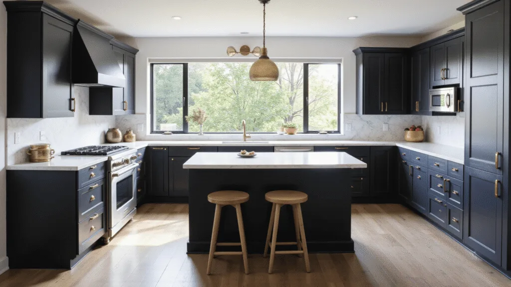 "Matte black kitchen cabinets with white marble countertops, brass hardware and pendant lights, bathed in morning sunlight through floor-to-ceiling windows"