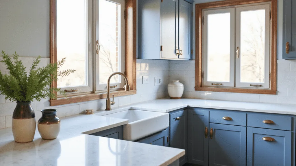 "Blue-grey kitchen cabinets featuring brass hardware and marble countertops, adorned with ceramic vases and minimal greenery, illuminated by natural light streaming through the windows"