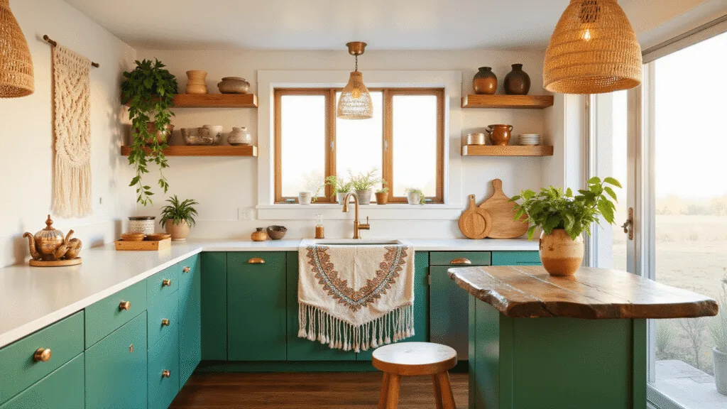 "Bohemian kitchen with emerald green cabinets, brass hardware, natural lighting through sheer curtains, and rustic decor during golden hour."