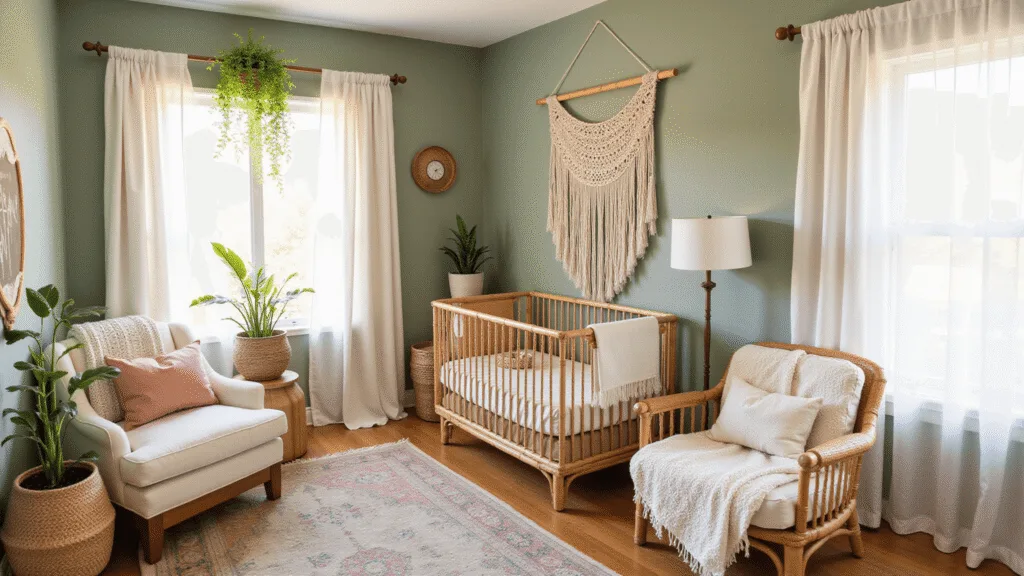 "Boho nursery interior with rattan crib, macramé wall decor, sage green accent wall, vintage Persian rug, boucle armchair, and hanging plants in natural sunlight"