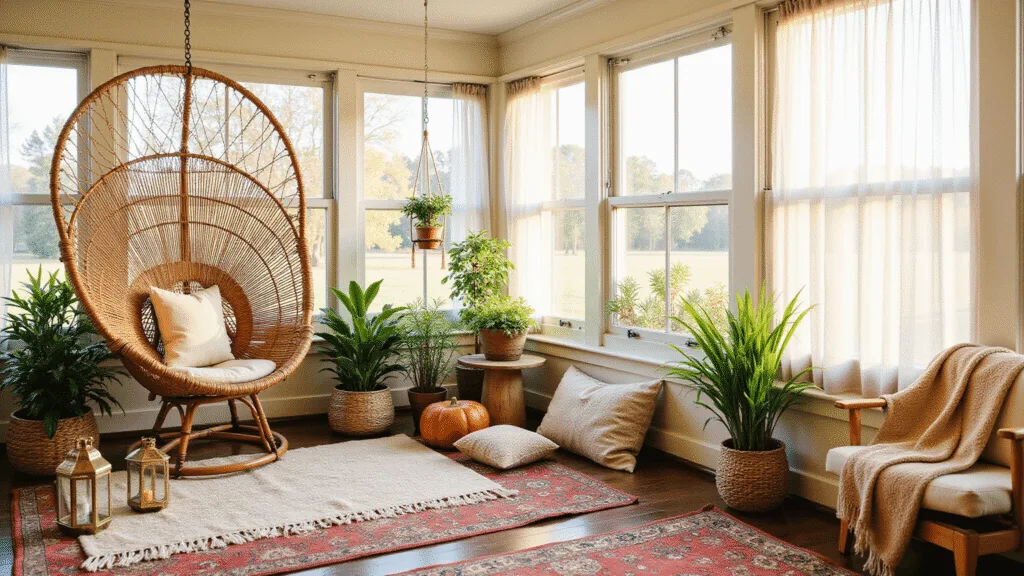 "Sunlit boho-styled sunroom with rattan peacock chair, vintage rugs, green houseplants, macramé hangers, and Moroccan decor."