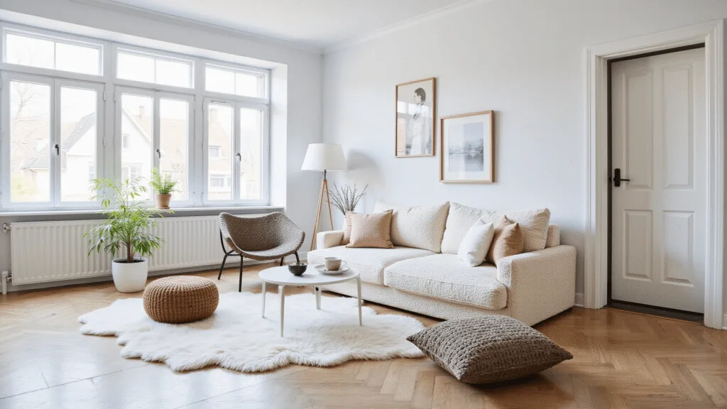 "Bright Scandinavian living room with cream boucle sofa, sheepskin rugs, floor-to-ceiling windows allowing natural light, creating a peaceful and airy hygge atmosphere"