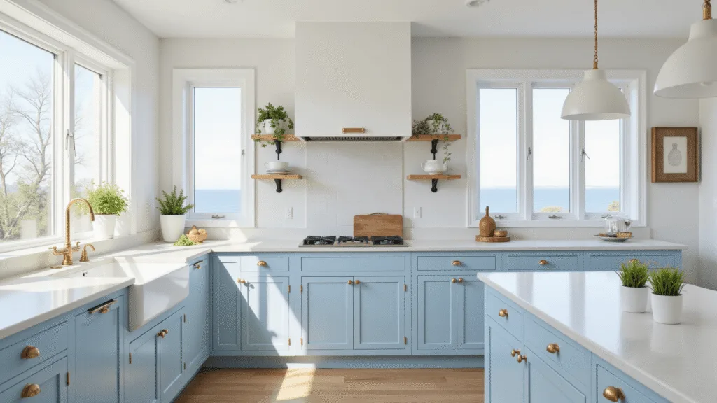 "Sunlit coastal kitchen with powder blue cabinets, white quartz countertops, and pale oak flooring"
