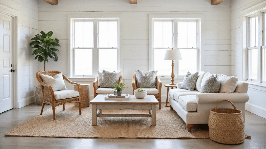 "Cozy and calm coastal living room with white shiplap walls, wicker chairs, jute rug, driftwood decor, and natural light streaming through the windows"