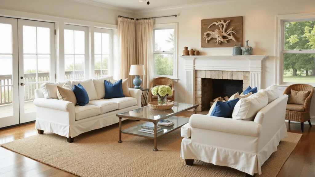 "Bright and airy coastal living room with white linen sofas, blue and beige accents, glass coffee table, jute rug, rattan chairs and whitewashed fireplace under golden hour natural light"