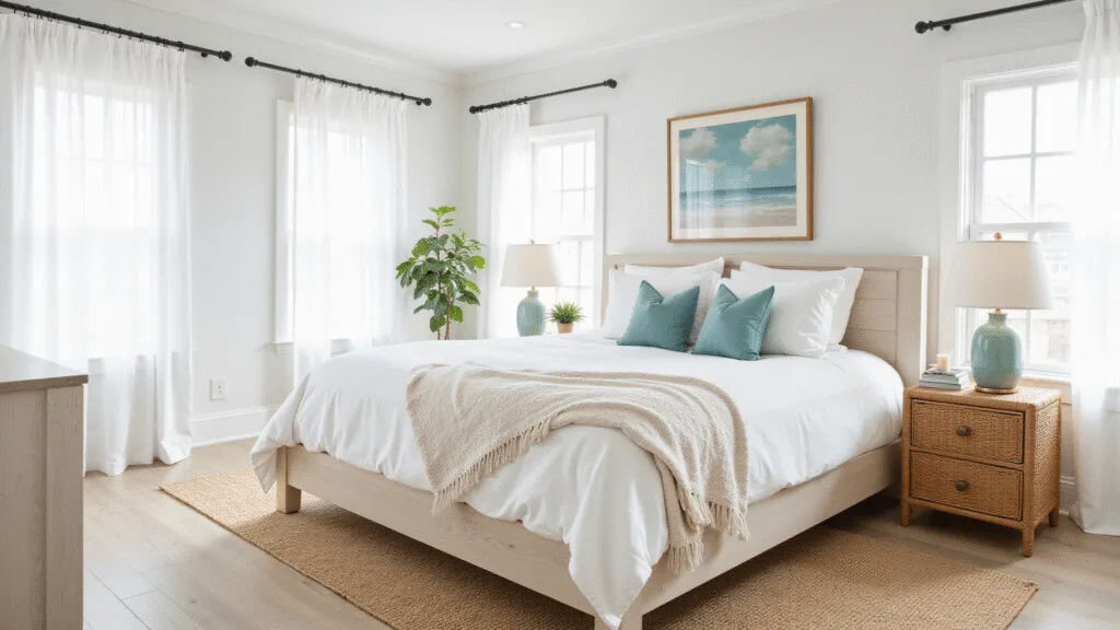 "Coastal themed master bedroom with white oak bed, rattan nightstands, sea glass green lamps, and natural light illuminating the room"