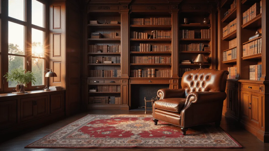 "Cozy home library with mahogany shelves filled with books, leather armchair, Persian rug, and golden hour sunlight streaming in"