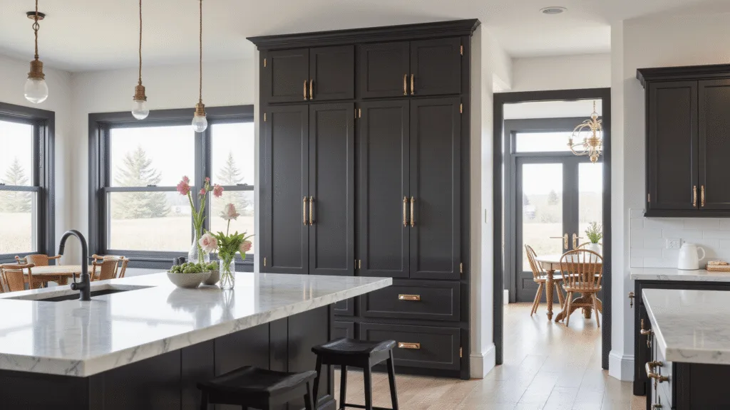 "Elegant modern kitchen with dark espresso finish cabinets, brass hardware, marble countertops, and natural light streaming through the windows"