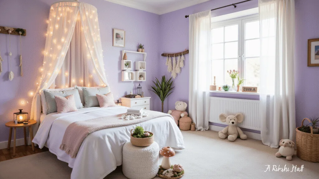 "Child's enchanted fairy bedroom with lavender walls, white canopy bed decorated with twinkling lights, and delicate woodland accents in morning light."