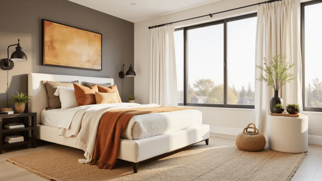 "Serene bedroom corner with cream bed, orange accent pillows, taupe wallpaper, jute rug, black sconces and abstract art, bathed in soft natural light from floor-to-ceiling windows."