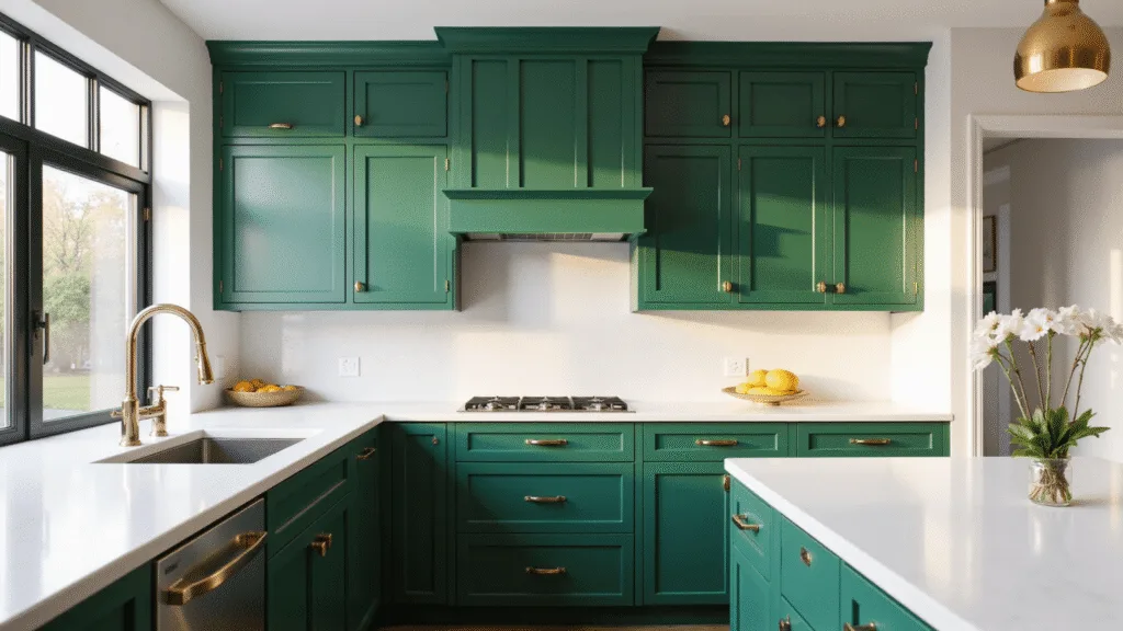 "Luxurious emerald green kitchen with brass hardware, white quartz countertops, and morning sunlight streaming through large windows"