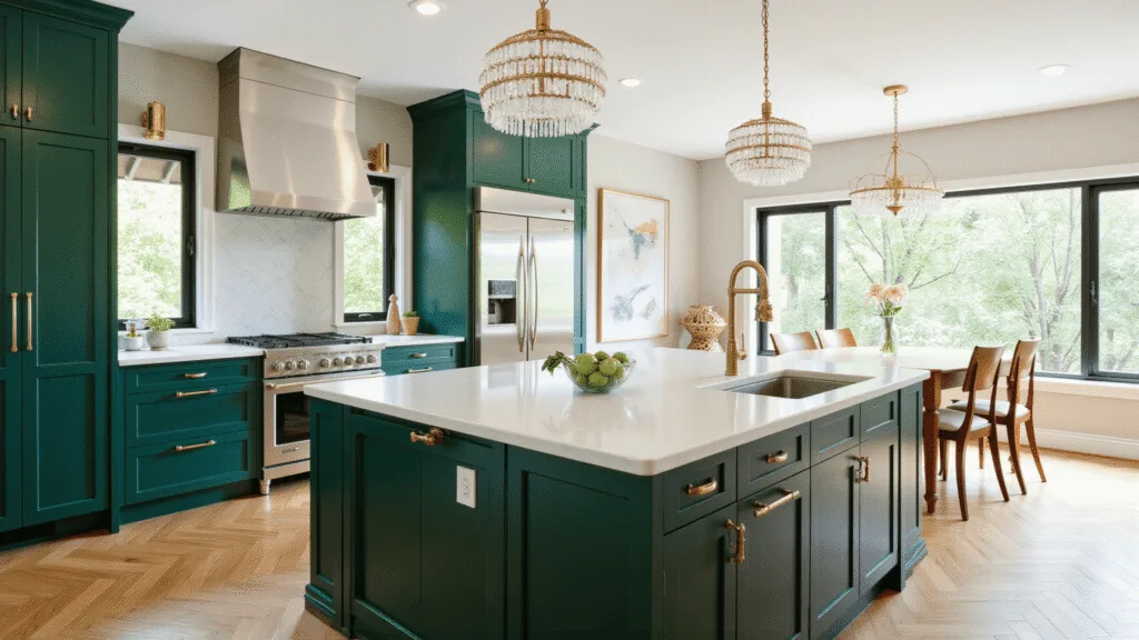 "Luxurious emerald green kitchen with brass hardware, white quartz countertops, herringbone oak floors, natural sunlight streaming through windows, and a crystal chandelier under professional lighting"