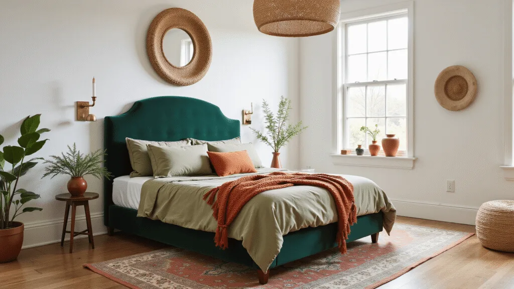 "Naturally lit bedroom with emerald green velvet headboard, sage green bedding, terracotta accents and morning sunlight"