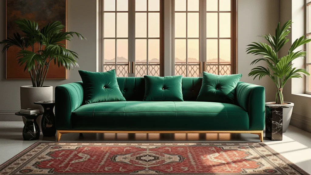 "Luxurious 2025 interior design with emerald green velvet sofa, brass accents, marble tables, Persian rugs, under warm golden hour light."
