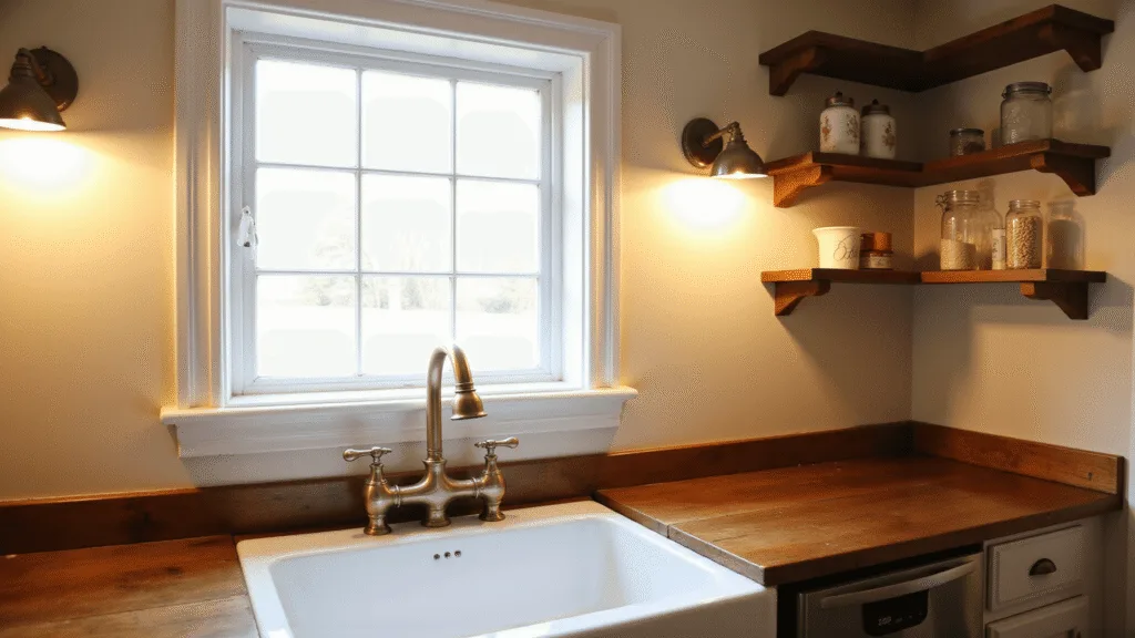 "Farmhouse kitchen with vintage brass sconces, white apron sink, and warm glow from the window"