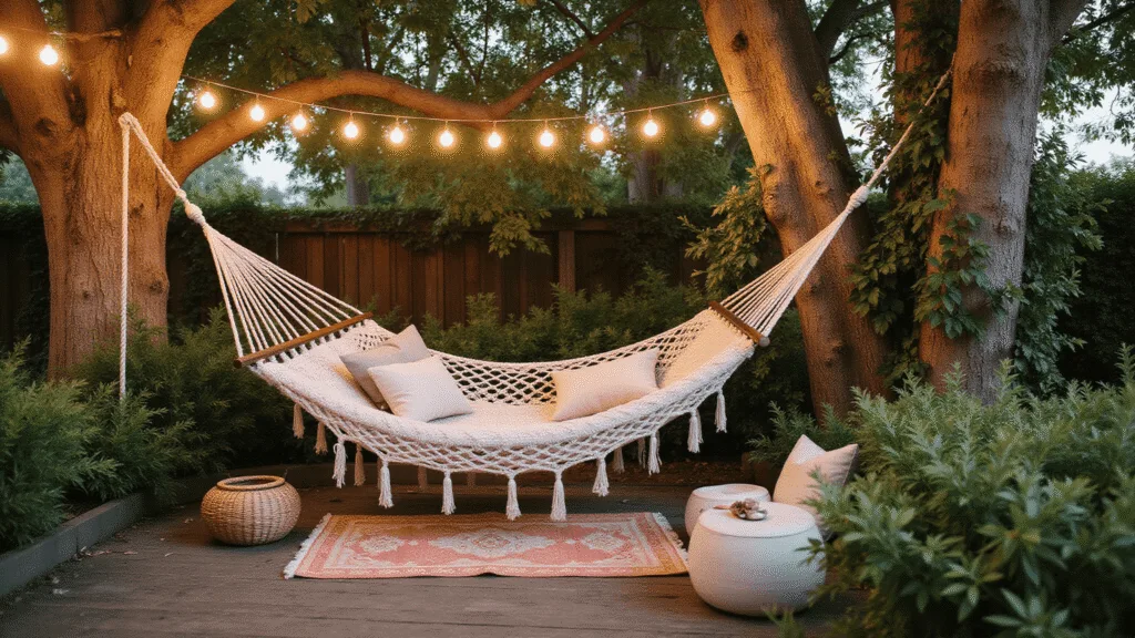 "Bohemian garden nook with a cream macramé hammock, decorative pillows, twinkling string lights and lush greenery during golden hour"