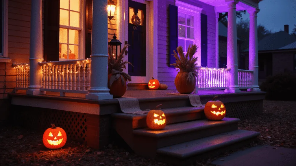 "Halloween-decorated Victorian porch at dusk with carved pumpkins, string lights, purple uplighting, black lanterns, dried corn stalks, autumn leaves, and cobwebs"