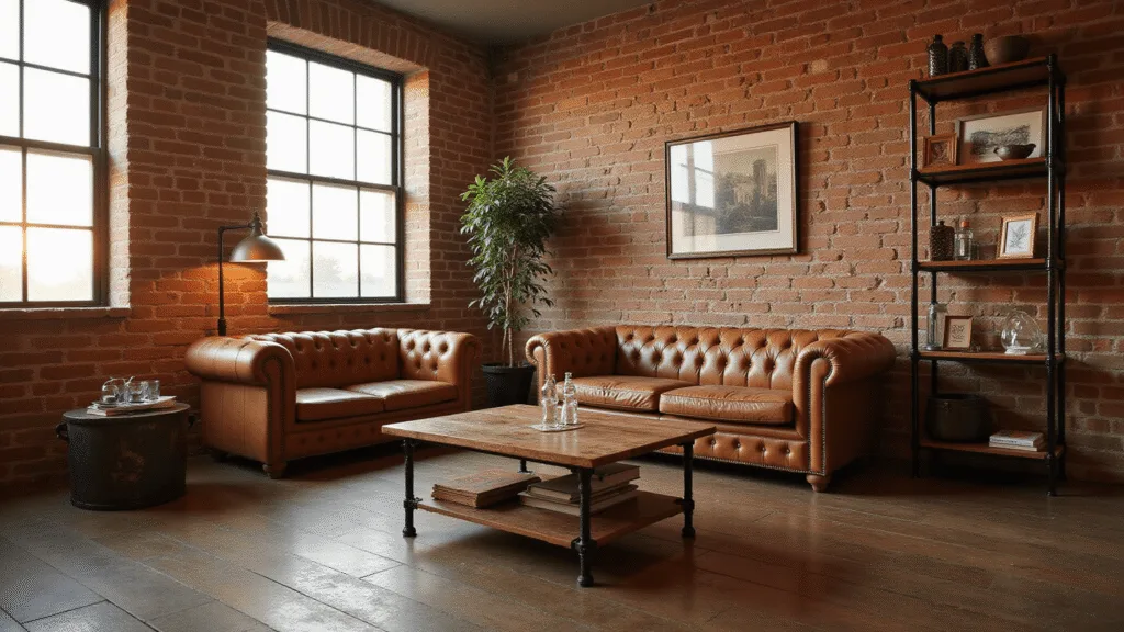 "Industrial farmhouse living room with exposed brick walls, leather sofa, metal shelving and natural light coming through factory windows."