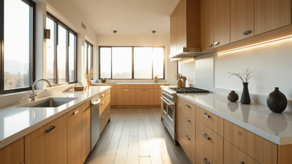 "Minimalist Japandi kitchen with warm oak cabinets, granite countertops, and white farmhouse sink during golden hour"
