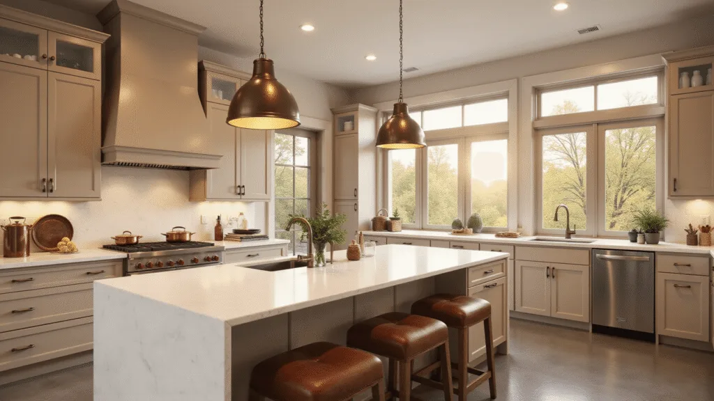 "Luxurious kitchen with almond cabinets, white quartz waterfall island, brass hardware, and golden sunlight streaming in"