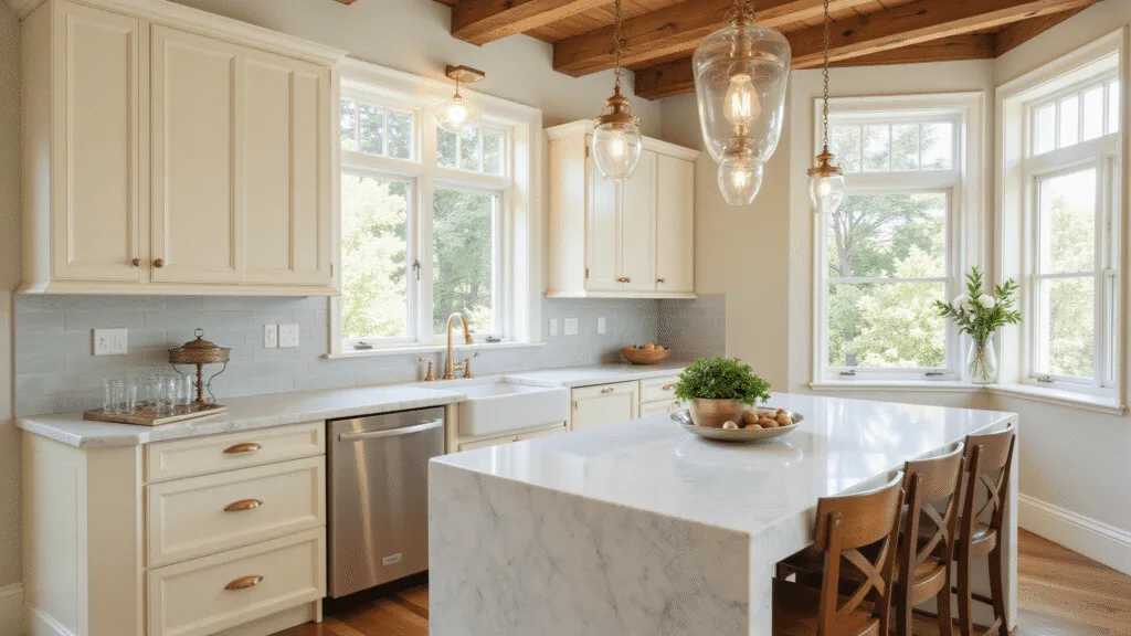 "Cream kitchen cabinets with marble island, brass hardware under morning sunlight, white oak floors, wooden beams, and countertop details."
