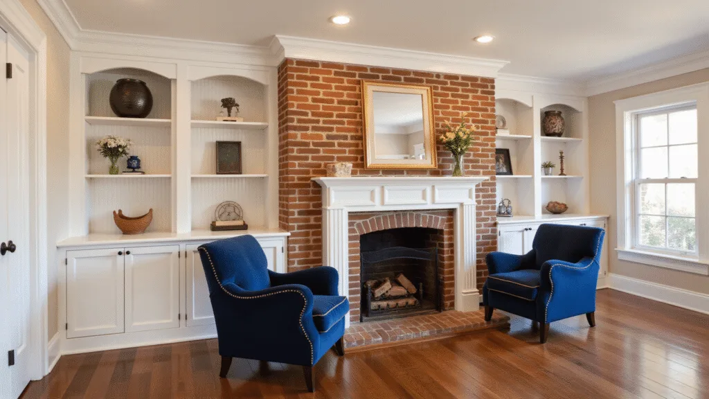 "Traditional living room with a red brick fireplace, white Shaker-style built-in cabinets, navy velvet chairs, and warm golden light"