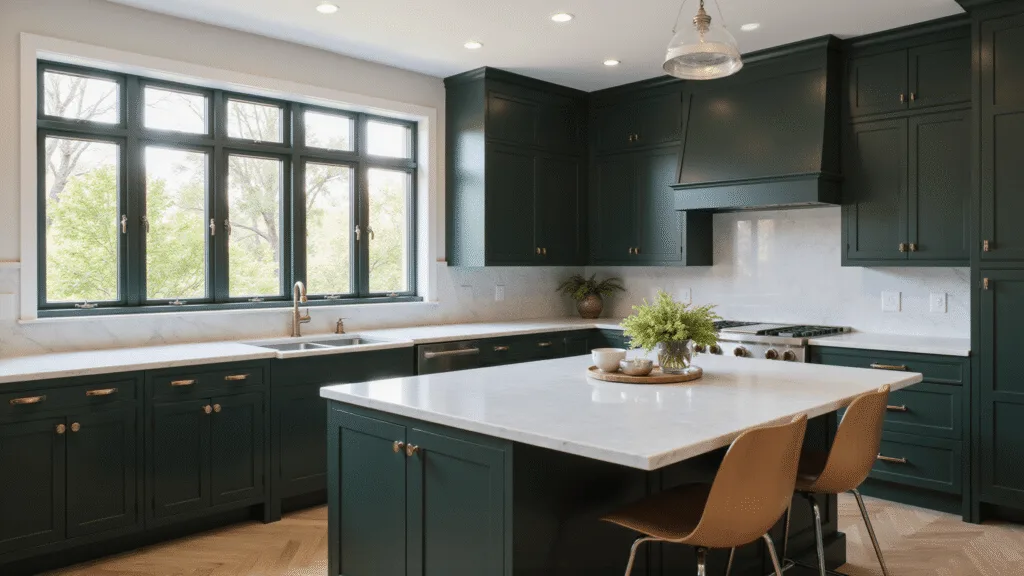 "Moody and luxurious dark green kitchen with marble countertops, brass hardware, white oak accents, illuminated by morning light streaming through windows"