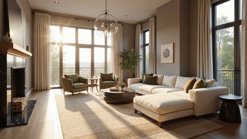"Luxurious living room with cream bouclé sectional, sage velvet chairs, black marble fireplace and Moroccan rug, highlighted by golden hour sunlight from tall windows"