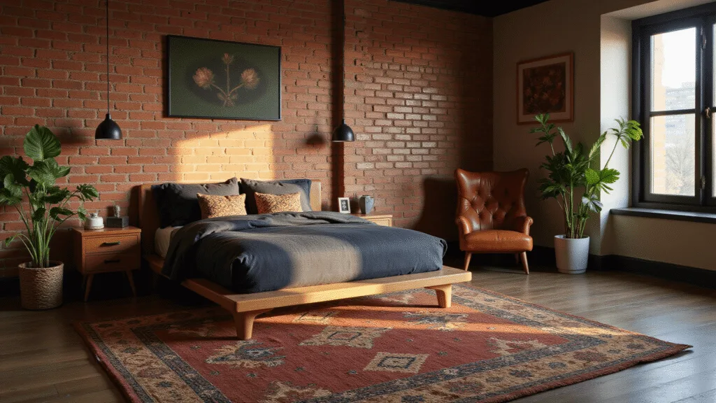 "Moody masculine boho bedroom featuring exposed brick walls, low platform bed with charcoal linen, cognac leather accent chair, vintage kilim rugs, pendant lights, fiddle leaf fig plants, and deep earth tones decor during golden hour sunlight."