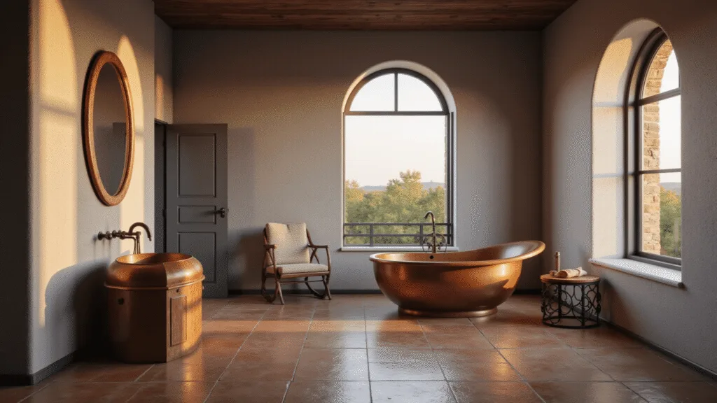 "Luxurious Mediterranean bathroom with a copper tub, large arched windows, grey textured walls, terracotta tiles, and wrought-iron fixtures during golden hour"