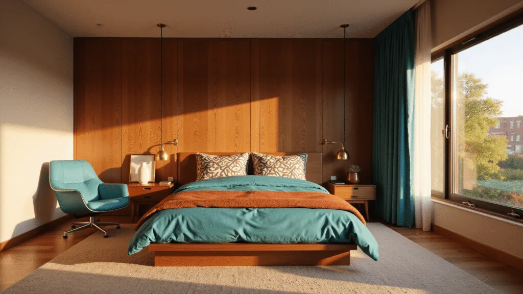 "Mid-century modern bedroom with teal and rust geometric bedding, walnut paneling, Eames lounge chair, and brass accents in warm golden light"