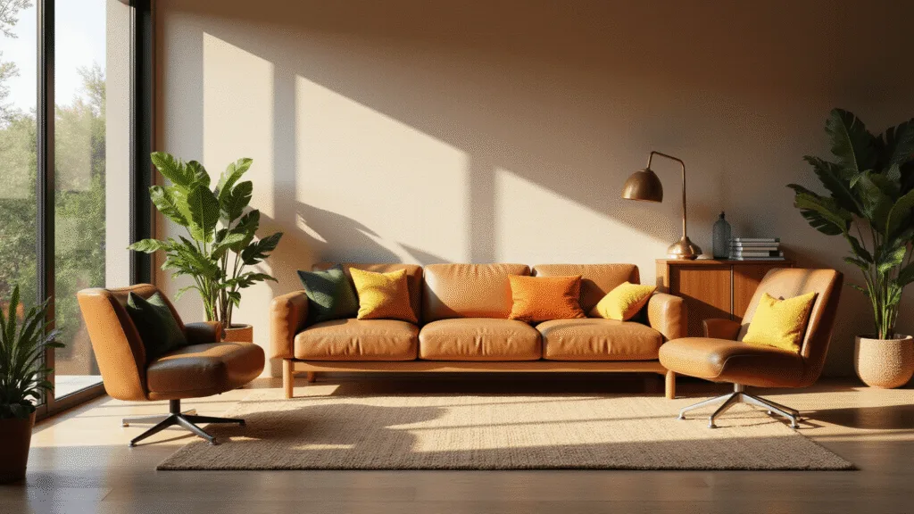 "Sunlit mid-century modern living room with leather sofa, Eames lounge chair, layered wool rugs, and large windows showcasing lush plants, decorated in shades of mustard yellow, avocado green, and burnt orange"