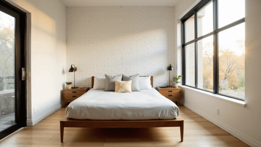 "Mid-century modern bedroom with walnut platform bed, sunlight streaming through floor-to-ceiling windows and white brick wall for a minimalist decor"