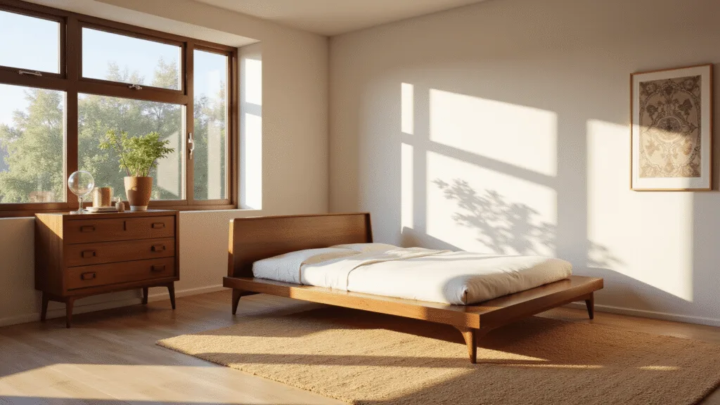 "Sunlit mid-century modern bedroom with walnut platform bed, Danish dresser, floor-to-ceiling windows, and warm wooden tones"