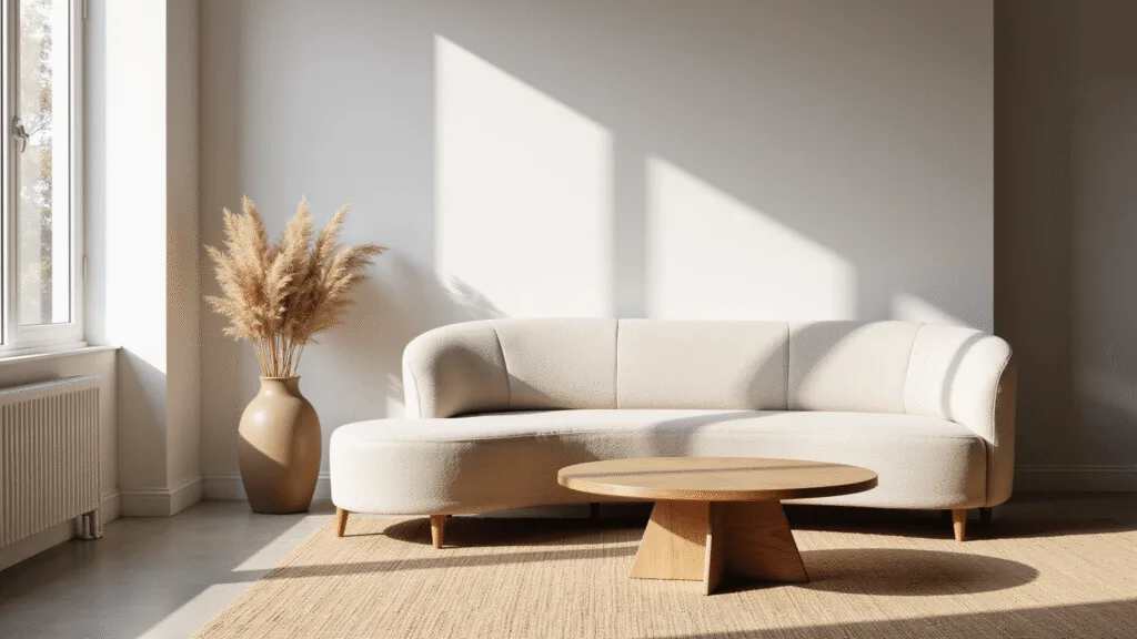 "Sunlit living room with minimalist organic furniture, featuring a curved oatmeal sofa, reclaimed teak coffee table, dry pampas grass in a ceramic vase, and a handwoven jute rug."